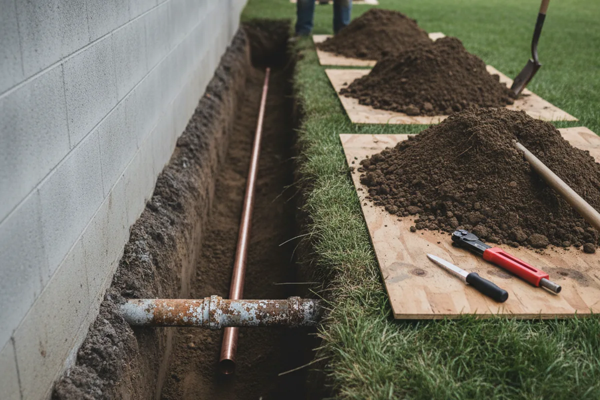 Excavated water line trench during Water Softener Installation in Godfrey